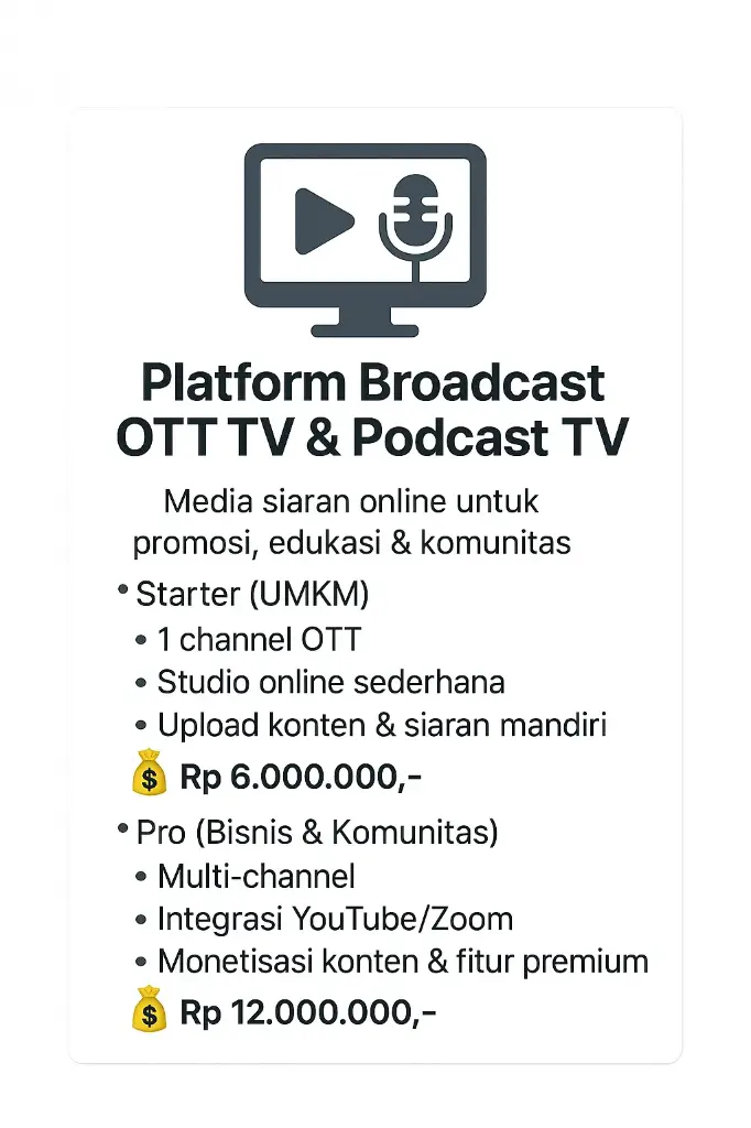 Platform Broadcast OTT TV & Podcast TV Media siaran online untuk promosi, edukasi & komunitas